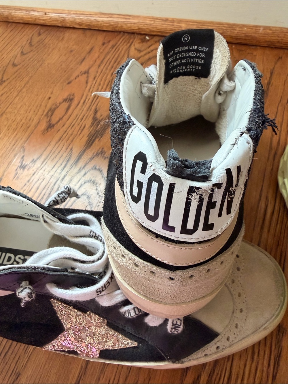 Golden Goose Kids Black and Beige High-Top Sneakers with Gold Glitter Star - Picture 7 of 9